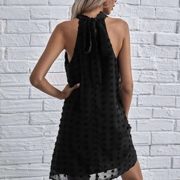 Boho Black Swiss Dot Halter Mini Dress - Picture 3 of 5